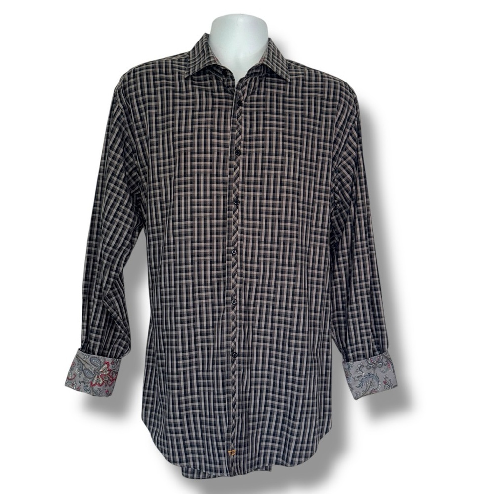 Thomas Dean XL Check Shirt Contrast Paisley Trim Button Front Casual Dress